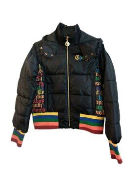 Coogi Women Jacket XL  Black Graphic Logo Print Puffer Zipper Long Sleeve READ